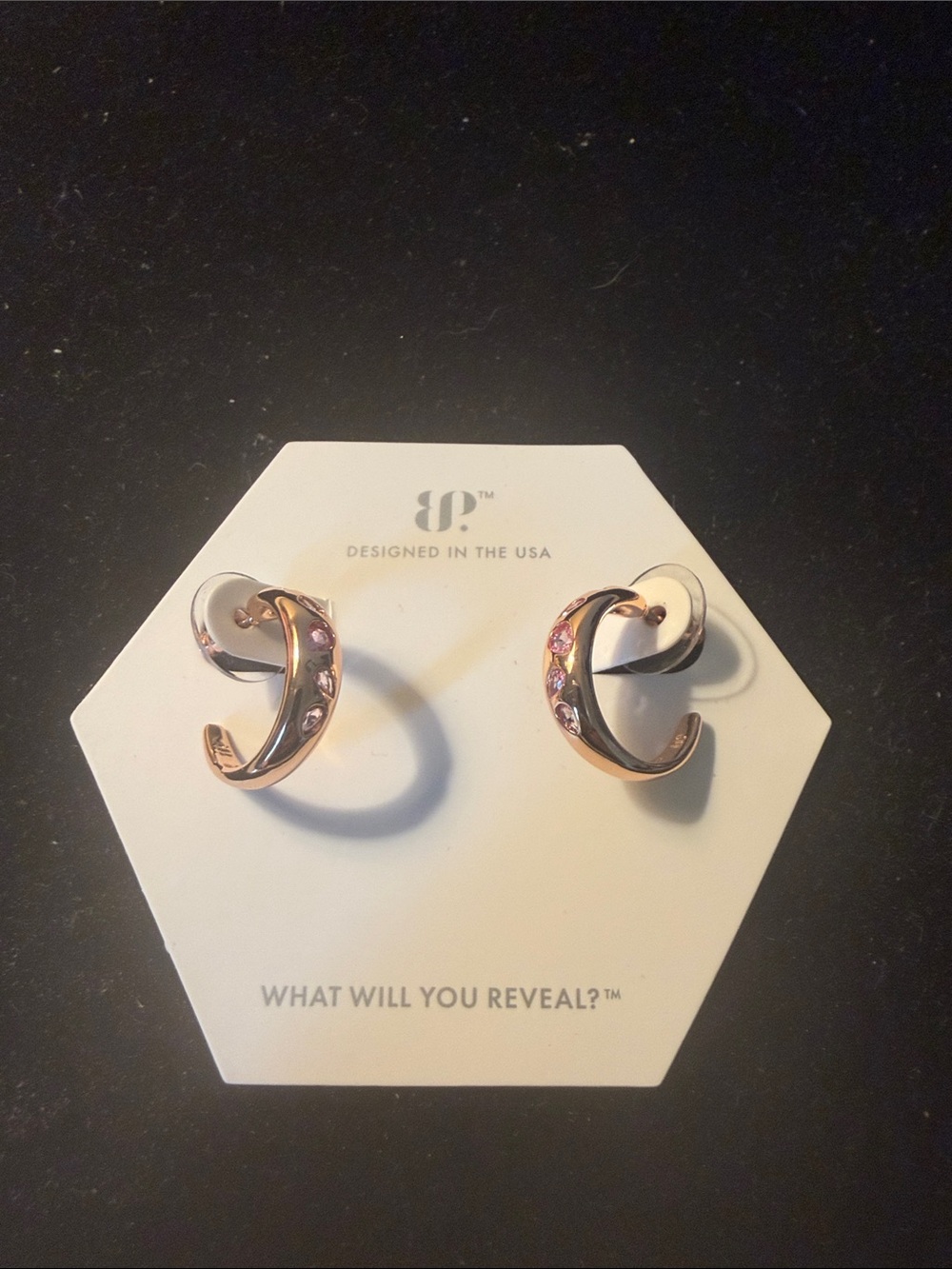 Bomb Party‎ Rose Gold Curved Hoop Earrings with Pink Stones